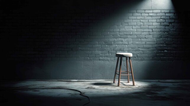 Empty stool in dimly lit room with dramatic spotlight effect