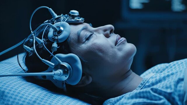 Woman undergoing eeg procedure with electrodes attached to her head