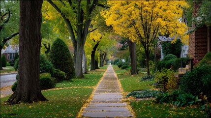 Fototapeta premium Peaceful Autumn Street with Colorful Trees and Leaf-Strewn Pathway