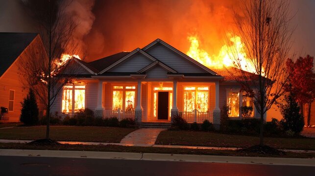 Intense House Fire Engulfing Residential Structure at Night