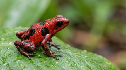 Obraz premium Red Frog with Black Spots on Leaf in Tropical Rainforest
