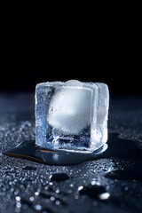 Melting Ice Cube on Wet Dark Surface Minimal Macro Scene