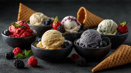 Many ice cream flavors in bowls, topped with berries and waffle cones, rest on a black surface.