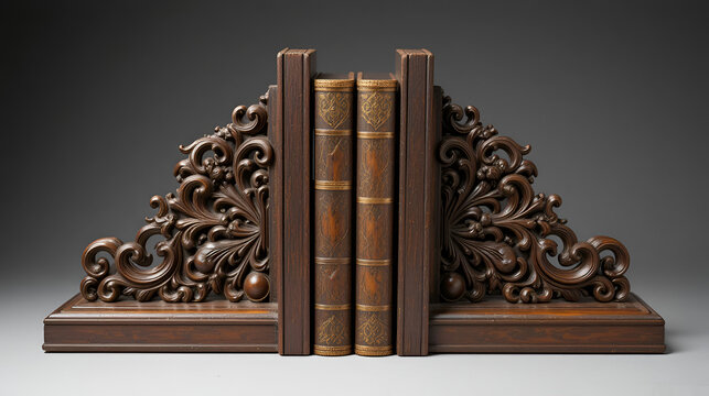Ornate wooden bookends with intricate carvings.
