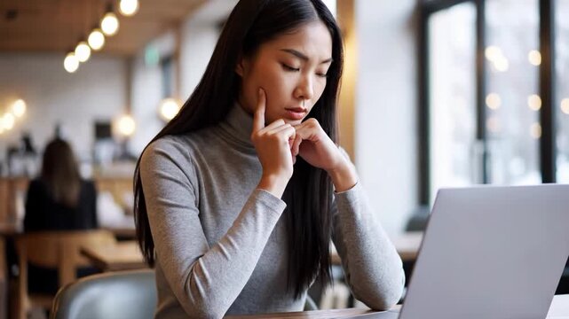 Focused young asian woman working on laptop in cafe