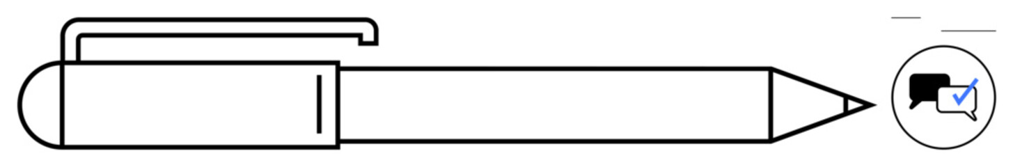 Fototapeta premium Ballpoint pen with clip aligned next to speech bubble and checkmark icon. Ideal for communication, planning, feedback, creativity, documentation, education, teamwork. Simple flat metaphor