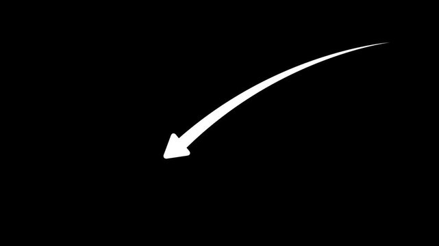A single white curved arrow pointing downwards and to the left on a solid black background, representing a directional cue or negative trend