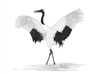 Fototapeta premium Black and white illustration of a crane bird with wings spread open, isolated on white
