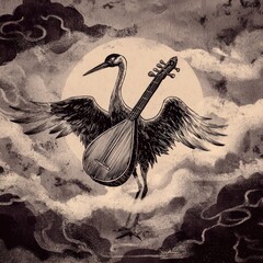 Fototapeta premium Bird-like figure with musical instrument soaring through cloudy environment, sun visible