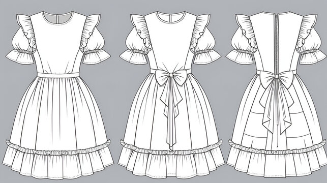 Women tiered ruffle dress technical flat sketch, puff sleeves, lace up back, front and back views, vector illustration