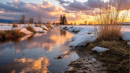 Obraz premium Serene Sunset Over Calm Water Surrounded by Snow and Grass