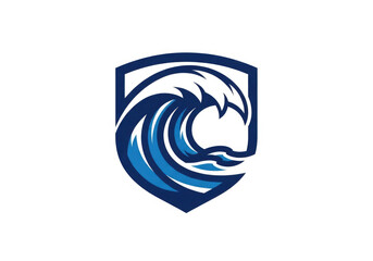 Blue wave logo with shield background ocean symbol crest design dynamic swirl pattern