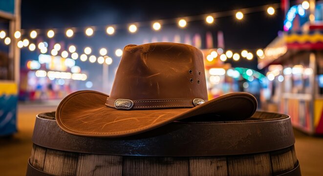 Brown cowboy hat rests on a wooden barrel at a nighttime carnival