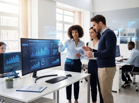 AI-Powered Insights: Data analysts using digital graphs and smart dashboards to optimize performance and advanced business technology.