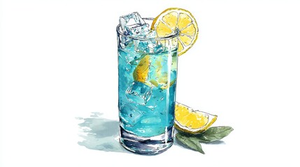 Fototapeta premium Blue lagoon cocktail, served in a tall glass with ice and lemon slices, shown in a simple drawing.