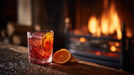 Orange slice garnishes a Negroni on a rustic wood table. A warm fireplace glows behind it.