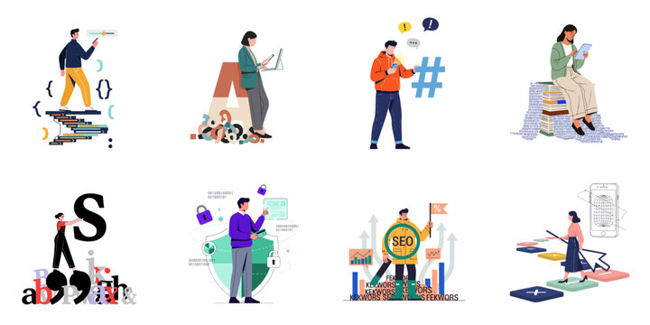 Set of flat illustrations representing digital technology, data analysis, SEO, cybersecurity, and information management in modern business and communication contexts.