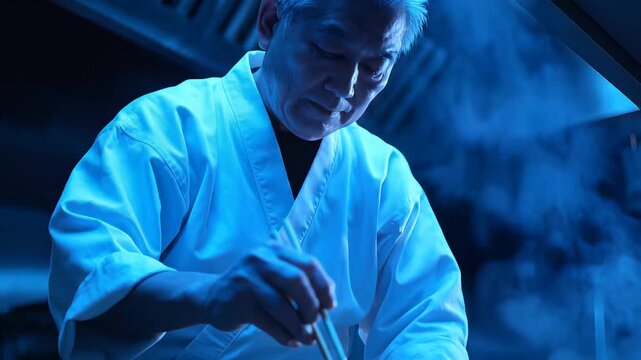 A chef prepares food in a steamy kitchen environment carefully handling ingredients.