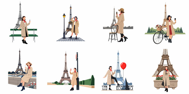 Set of flat vector illustrations of a woman tourist taking photos and posing in front of the Eiffel Tower in Paris, France.