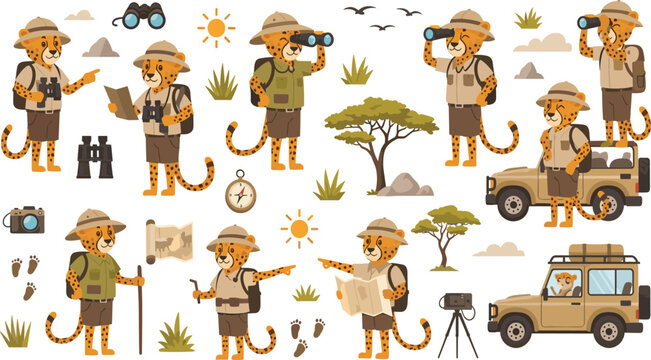 Cheetah Safari Explorer Cartoon Vector Set with Adventurer Cheetah Characters, Binoculars, Map, Jeep and Wildlife Expedition.