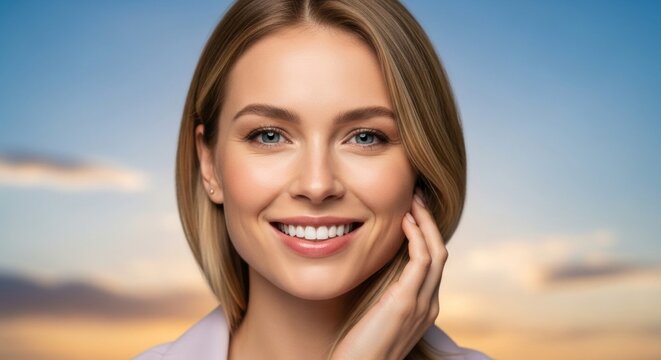 Caucasian female young adult smiling outdoors at sunset
