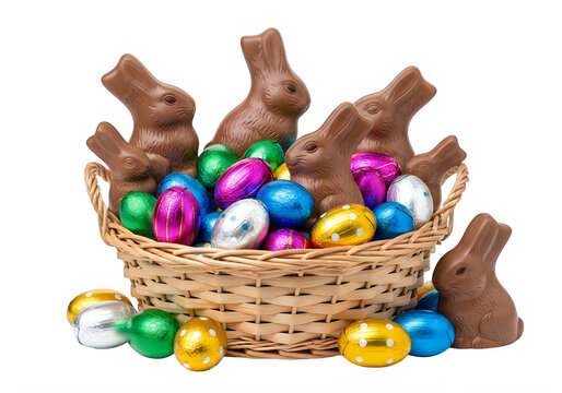Chocolate bunnies and colorful eggs in a basket