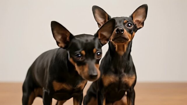 Two Black and Tan Miniature Pinscher Dogs Sitting Together.