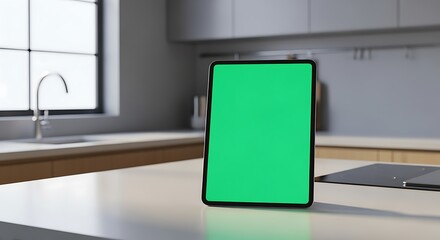 Green screen tablet on white kitchen counter with sink and cabinets