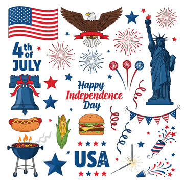 American independence day symbols, 4th of july elements for patriotic celebration, usa holiday