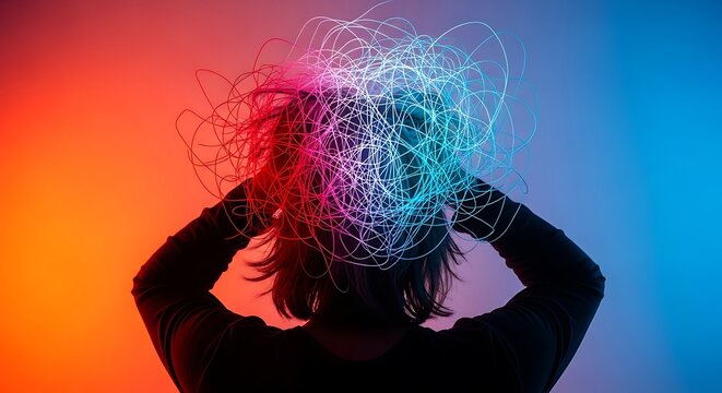 Person with colorful tangled thoughts and hands on head in silhouette usa flag