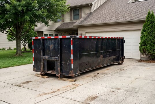 Large black roll-off dumpster on a residential driveway