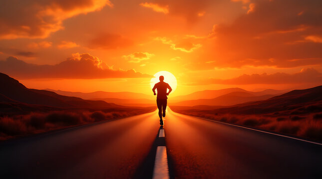 Runner silhouette on road at sunset