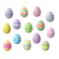 Assorted colorful eggs with pastel patterns and designs isolated on transparent background