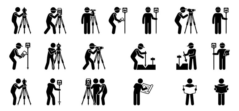 Black silhouette land surveyor vector pictogram set illustrating engineers operating total station, reading maps, and measuring terrain for construction and topographic surveying.