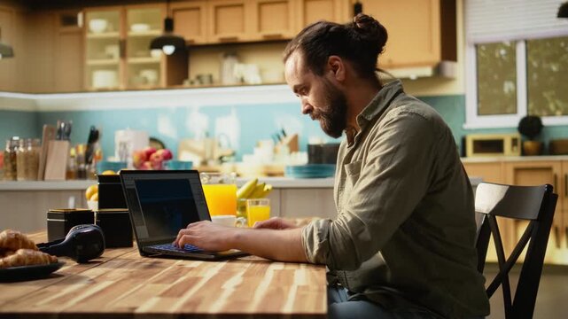 Male developer does game programming with laptop to build virtual world, computer software used in game engine development and modeling. Computer science and VFX in everyday life.