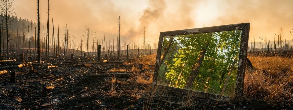Burned forest landscape with a framed green woodland scene after wildfire damage, climate change concept showing deforestation, ecological loss, environmental contrast, and recovery
