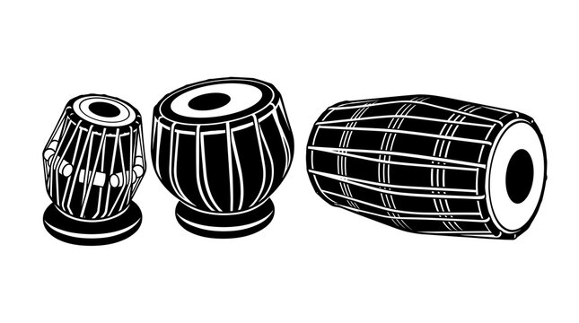 Black and white silhouette vector illustration of traditional Indian musical instruments featuring a classic tabla set and a dholak drum for classical music design projects.