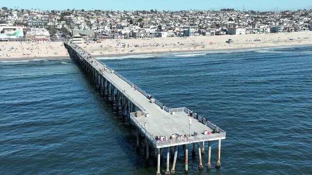 Hermosa Beach Pier Aerial Shot Orbit L to Redondo Beach California USA