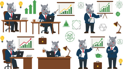 Rhino Businessman Cartoon Mascot Vector Set Featuring Rhinoceros Office Worker Characters with Laptop, Charts, Presentation and Corporate Finance Growth. © MstSuborna
