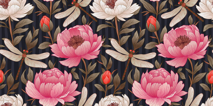 Vintage Floral Peony Seamless Pattern With Peonies Dragonfly And Leaves Aesthetic Luxury Boho Background