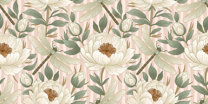 Vintage Peony And Dragonfly Seamless Floral Pattern Vector For Botanical Nature Design