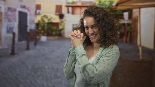 Woman clasping hands near chest on cobblestone street in front of old buildings, smiling and leaning forward; playfulness.