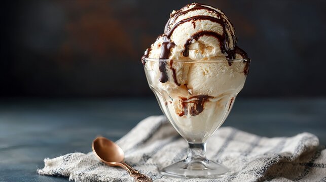Creamy vanilla ice cream with chocolate drizzle sits in a glass, perfect for a fancy frozen treat.