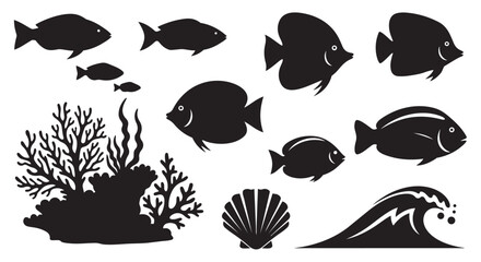 Black silhouettes of various fish and sea elements on a white background for design use © Mofizul