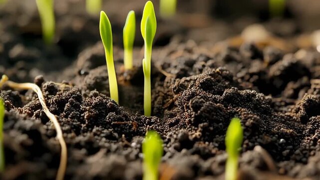 Closeup of new green sprouts emerging from dark soil in early spring.