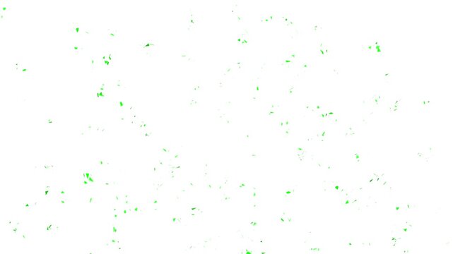 Green confetti explosion and falling triangular paper fragments on white background, 4K motion graphics of festive particle burst for celebration, luck, and St. Patrick's Day VFX overlay