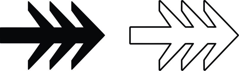 Black and white arrow icons pointing right, direction symbols isolated on transparent background, Vector