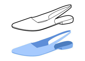 Blue slingback flat shoe women flat plus line set. Open back pointed toe footwear fashion catalog web project. Technical fashion illustration CAD mockup mixed vector man unisex isolated stylish style