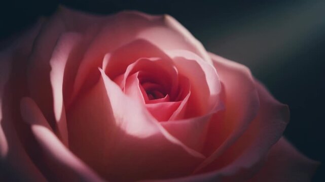 Closeup of a delicate pink rose with soft lighting.