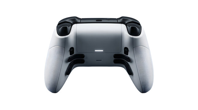A high-performance modern white and black video game controller, viewed from the back, on transparent background. on transparent background